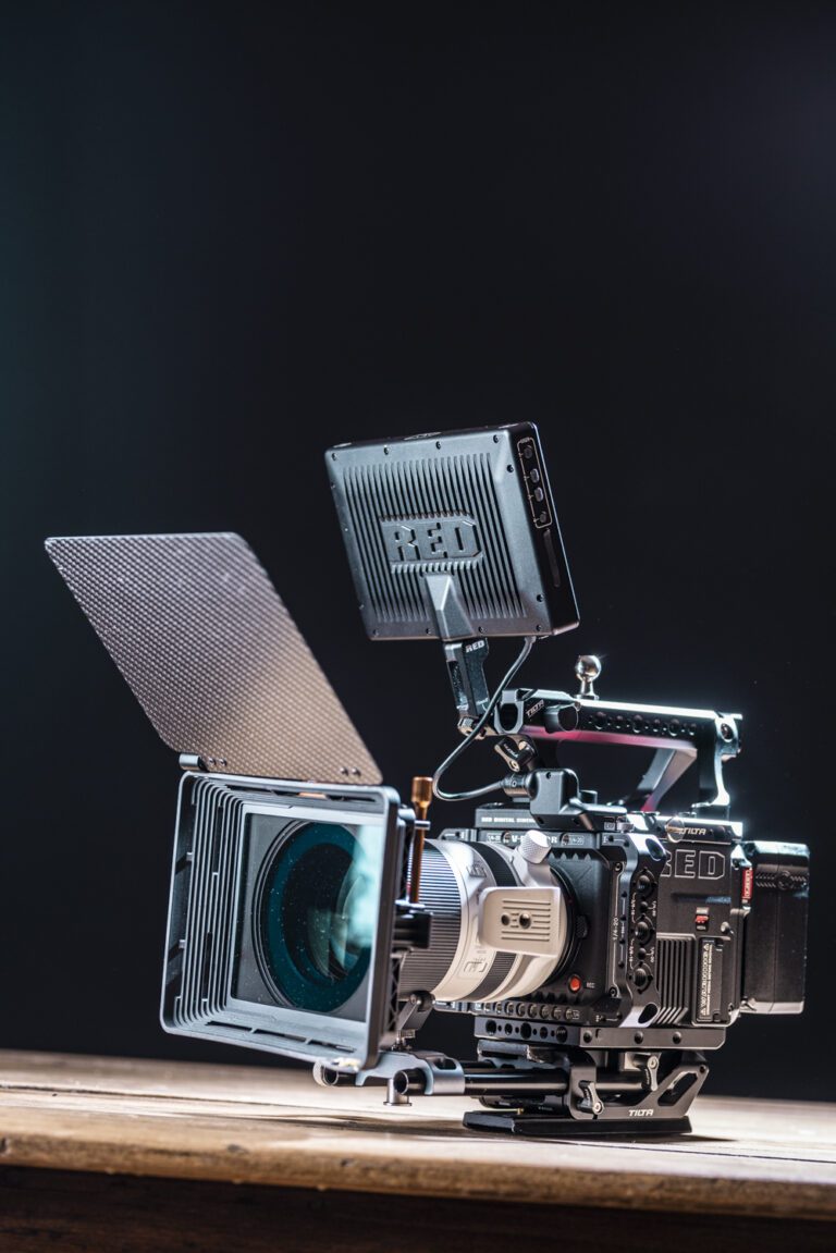 A fully built red camera in the kirvan photography film studio