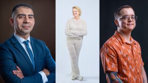 Three professionally photographed individuals posing in studio settings with distinct backgrounds and outfits.