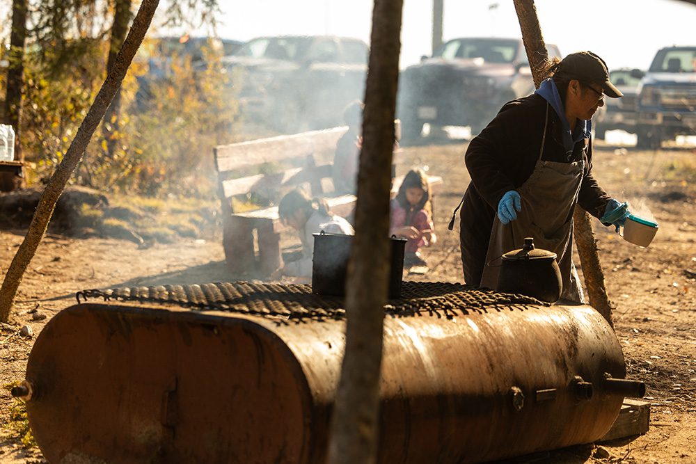 Outdoor cooking station with large grill during the Moose Festival