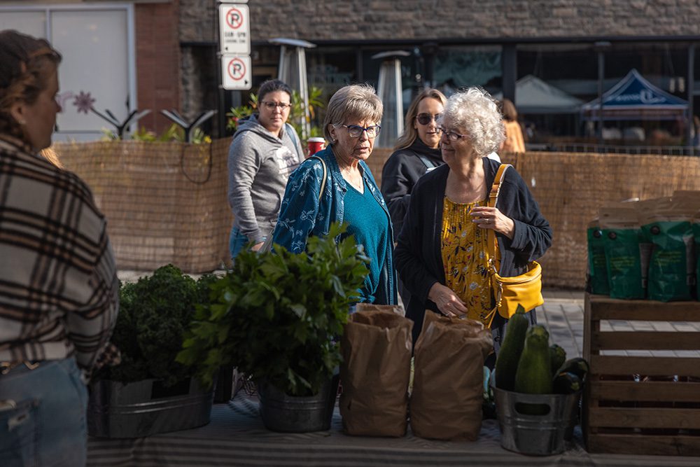 Two older adults stand near baskets of fresh produce while talking at an outdoor market.