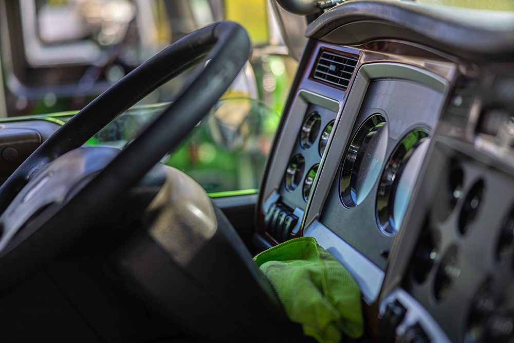 Tow truck interior detail commercial photography showing professional dashboard and cabin features